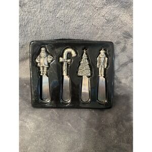 Christmas 4 Pewter Santa Nutcracker Tree Candy Cane Butter Cheese Spreader Set